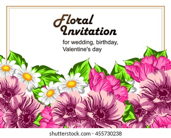 Vintage delicate invitation with flowers for wedding, marriage, bridal, birthday, Valentine's day.