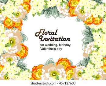 Vintage delicate invitation with flowers for wedding, marriage, bridal, birthday, Valentine's day. Romantic vector illustration.