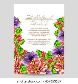 Vintage delicate invitation with flowers for wedding, marriage, bridal, birthday, Valentine's day. Romantic vector illustration.