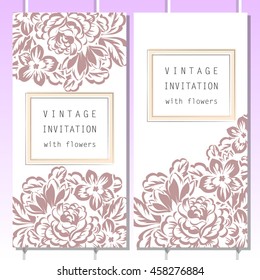 Vintage delicate invitation with flowers for wedding, marriage, bridal, birthday, Valentine's day. Romantic vector illustration.