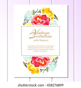 Vintage delicate invitation with flowers for wedding, marriage, bridal, birthday, Valentine's day. Romantic vector illustration.