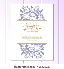 Vintage delicate invitation with flowers for wedding, marriage, bridal, birthday, Valentine's day. Romantic vector illustration.