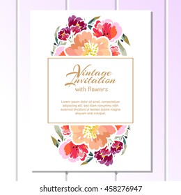 Vintage delicate invitation with flowers for wedding, marriage, bridal, birthday, Valentine's day. Romantic vector illustration.