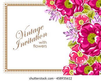 Vintage delicate invitation with flowers for wedding, marriage, bridal, birthday, Valentine's day. Romantic vector illustration.