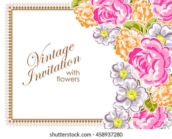 Vintage delicate invitation with flowers for wedding, marriage, bridal, birthday, Valentine's day. Romantic vector illustration.