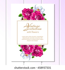 Vintage delicate invitation with flowers for wedding, marriage, bridal, birthday, Valentine's day. Romantic vector illustration.