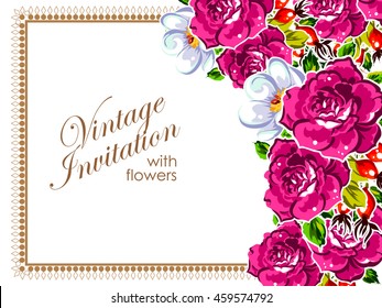 Vintage delicate invitation with flowers for wedding, marriage, bridal, birthday, Valentine's day. Romantic vector illustration.