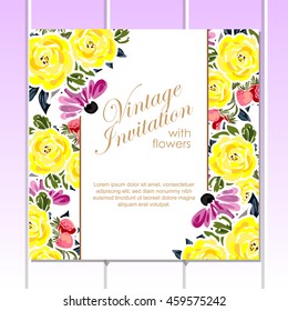 Vintage delicate invitation with flowers for wedding, marriage, bridal, birthday, Valentine's day. Romantic vector illustration.