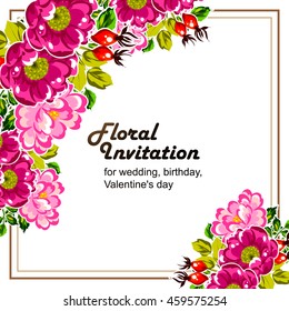 Vintage delicate invitation with flowers for wedding, marriage, bridal, birthday, Valentine's day. Romantic vector illustration.