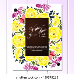 Vintage delicate invitation with flowers for wedding, marriage, bridal, birthday, Valentine's day. Romantic vector illustration.