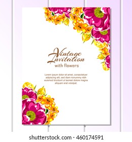 Vintage delicate invitation with flowers for wedding, marriage, bridal, birthday, Valentine's day. Romantic vector illustration.