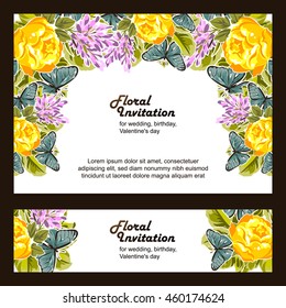 Vintage delicate invitation with flowers for wedding, marriage, bridal, birthday, Valentine's day. Romantic vector illustration.