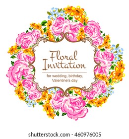 Vintage delicate invitation with flowers for wedding, marriage, bridal, birthday, Valentine's day. Romantic vector illustration.