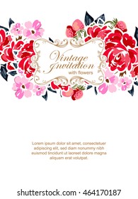 Vintage delicate invitation with flowers for wedding, marriage, bridal, birthday, Valentine's day. Romantic vector illustration.