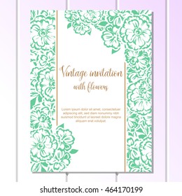 Vintage delicate invitation with flowers for wedding, marriage, bridal, birthday, Valentine's day. Romantic vector illustration.
