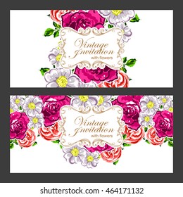 Vintage delicate invitation with flowers for wedding, marriage, bridal, birthday, Valentine's day. Romantic vector illustration.