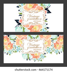 Vintage delicate invitation with flowers for wedding, marriage, bridal, birthday, Valentine's day. Romantic vector illustration.