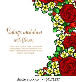 Vintage delicate invitation with flowers for wedding, marriage, bridal, birthday, Valentine's day. Romantic vector illustration.