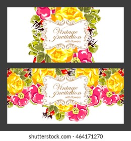 Vintage delicate invitation with flowers for wedding, marriage, bridal, birthday, Valentine's day. Romantic vector illustration.