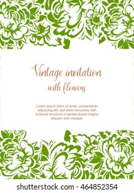 Vintage delicate invitation with flowers for wedding, marriage, bridal, birthday, Valentine's day. Romantic vector illustration.