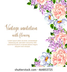 Vintage delicate invitation with flowers for wedding, marriage, bridal, birthday, Valentine's day. Romantic vector illustration.