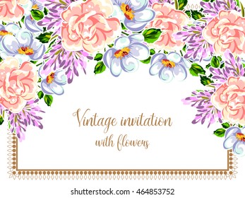 Vintage delicate invitation with flowers for wedding, marriage, bridal, birthday, Valentine's day. Romantic vector illustration.