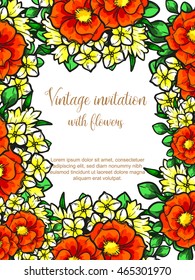 Vintage delicate invitation with flowers for wedding, marriage, bridal, birthday, Valentine's day. Romantic vector illustration.