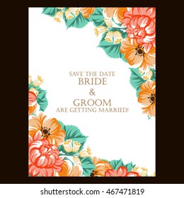 Vintage delicate invitation with flowers for wedding, marriage, bridal, birthday, Valentine's day. Romantic vector illustration.