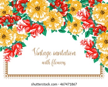 Vintage delicate invitation with flowers for wedding, marriage, bridal, birthday, Valentine's day. Romantic vector illustration.
