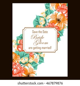 Vintage delicate invitation with flowers for wedding, marriage, bridal, birthday, Valentine's day. Romantic vector illustration.