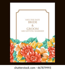 Vintage delicate invitation with flowers for wedding, marriage, bridal, birthday, Valentine's day. Romantic vector illustration.