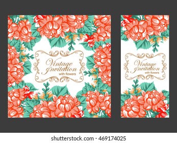 Vintage delicate invitation with flowers for wedding, marriage, bridal, birthday, Valentine's day. Romantic vector illustration.