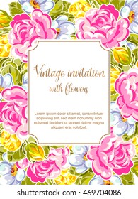Vintage delicate invitation with flowers for wedding, marriage, bridal, birthday, Valentine's day.
