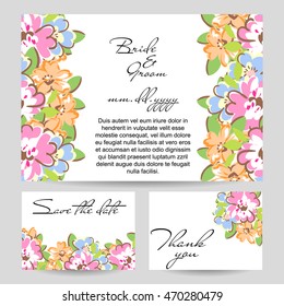 Vintage delicate invitation with flowers for wedding, marriage, bridal, birthday, Valentine's day. Romantic vector illustration.