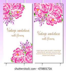 Vintage delicate invitation with flowers for wedding, marriage, bridal, birthday, Valentine's day. Romantic vector illustration.