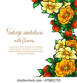 Vintage delicate invitation with flowers for wedding, marriage, bridal, birthday, Valentine's day. Romantic vector illustration.