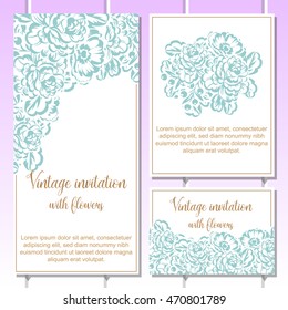 Vintage delicate invitation with flowers for wedding, marriage, bridal, birthday, Valentine's day. Romantic vector illustration.
