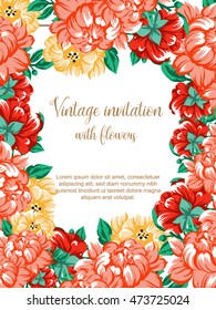 Vintage delicate invitation with flowers for wedding, marriage, bridal, birthday, Valentine's day.