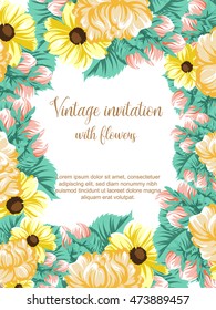 Vintage delicate invitation with flowers for wedding, marriage, bridal, birthday, Valentine's day.