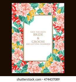 Vintage delicate invitation with flowers for wedding, marriage, bridal, birthday, Valentine's day. Romantic vector illustration.