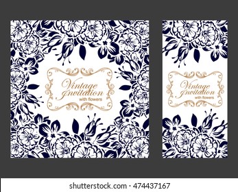 Vintage delicate invitation with flowers for wedding, marriage, bridal, birthday, Valentine's day. Romantic vector illustration.