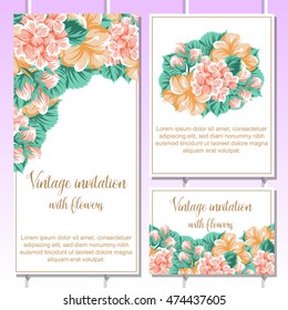 Vintage delicate invitation with flowers for wedding, marriage, bridal, birthday, Valentine's day. Romantic vector illustration.
