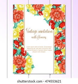 Vintage delicate invitation with flowers for wedding, marriage, bridal, birthday, Valentine's day. Romantic vector illustration.