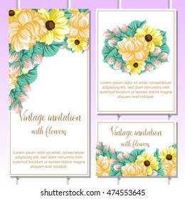 Vintage delicate invitation with flowers for wedding, marriage, bridal, birthday, Valentine's day. Romantic vector illustration.