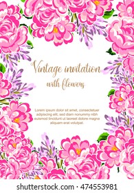 Vintage delicate invitation with flowers for wedding, marriage, bridal, birthday, Valentine's day. Romantic vector illustration.