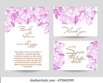 Vintage delicate invitation with flowers for wedding, marriage, bridal, birthday, Valentine's day. Romantic vector illustration.