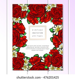 Vintage delicate invitation with flowers for wedding, marriage, bridal, birthday, Valentine's day. Romantic vector illustration.