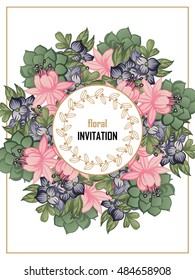 Vintage delicate invitation with flowers for wedding, marriage, bridal, birthday, Valentine's day. Romantic vector illustration.