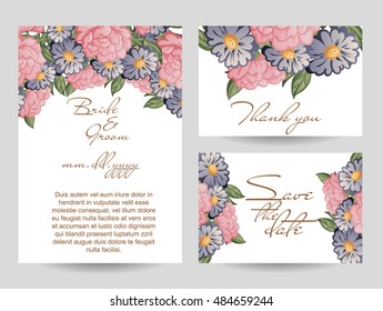 Vintage delicate invitation with flowers for wedding, marriage, bridal, birthday, Valentine's day. Romantic vector illustration.