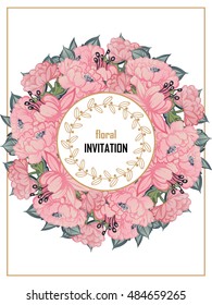 Vintage delicate invitation with flowers for wedding, marriage, bridal, birthday, Valentine's day. Romantic vector illustration.